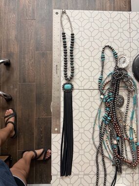 Boho Black Fringe Necklace with Turquoise Stone